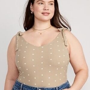Old Navy Printed Tie-Shoulder V-Neck Rib-Knit Bodysuit – Brown w/ White Dots -XL